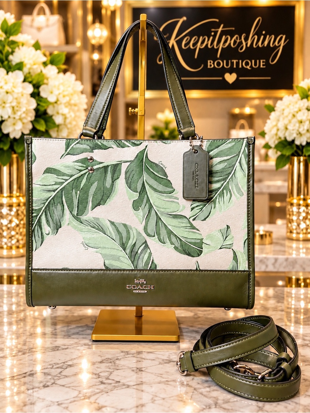COACH Olive Green Leaf-Print Tote with Cream Background